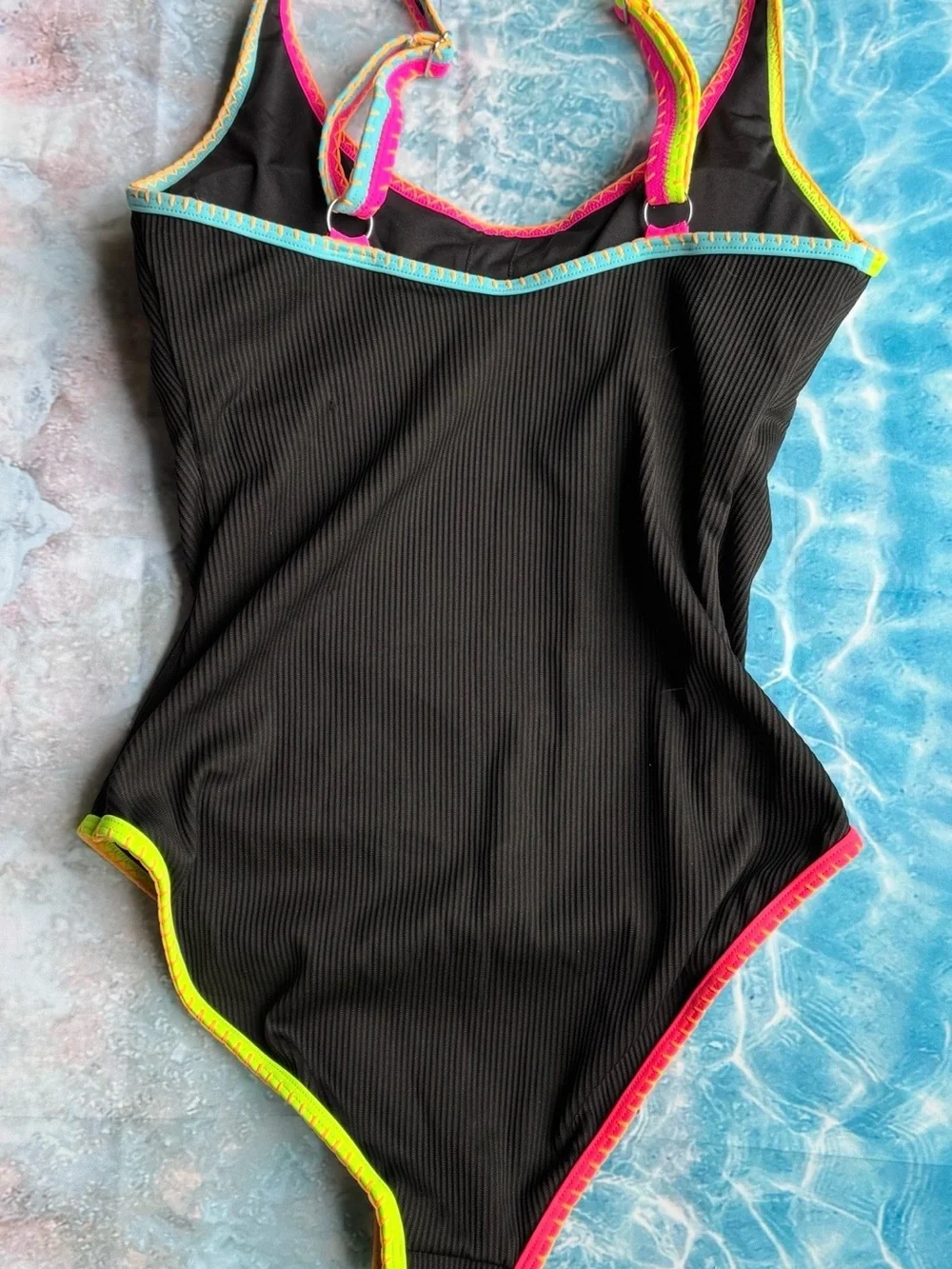 Popvil Black One-Piece Swimsuit with Neon Rainbow Trim Size Medium